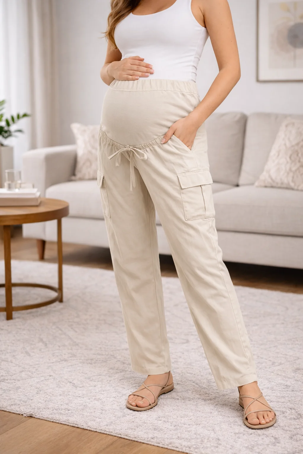 Pantalón maternidad con soporte para pancita ajustable moderno suave cómodo en tendencia juvenil moda dama mujer embarazo ropa para embarazo brunch desayuno calle salida casa uso diario bolsas parche alto premamá casa