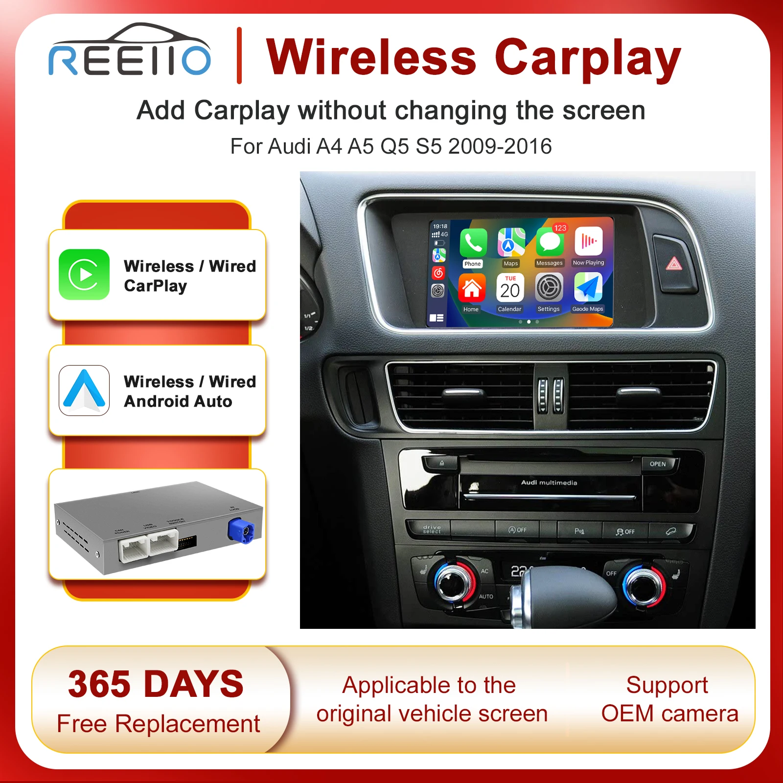 

Wireless Carplay Android Auto for Audi A4 B8 A5 Q5 2009-2015 ,Support AirPlay Bluetooth Mirroring Rear Camera USB Player
