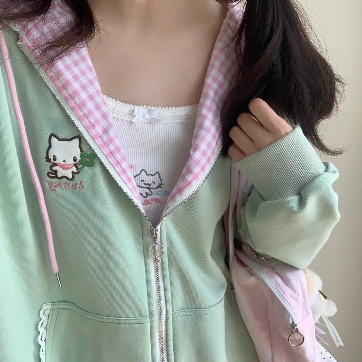 Y2k Hoodies Green Kawaii Cat Floral Print Hooded Zip-up Woman Sweatshirts Pink Ins Jacket Spring Fall Clothes Cute Streetwear view 5