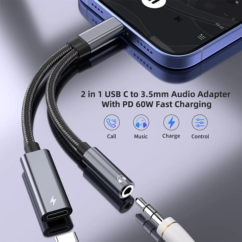 2 في 1 نوع C محول الصوت PD 60 واط شحن سريع USB C إلى 3.5 مللي متر مهايئ الرافعة آيفون 15/16 سامسونج هواوي Xiaomi