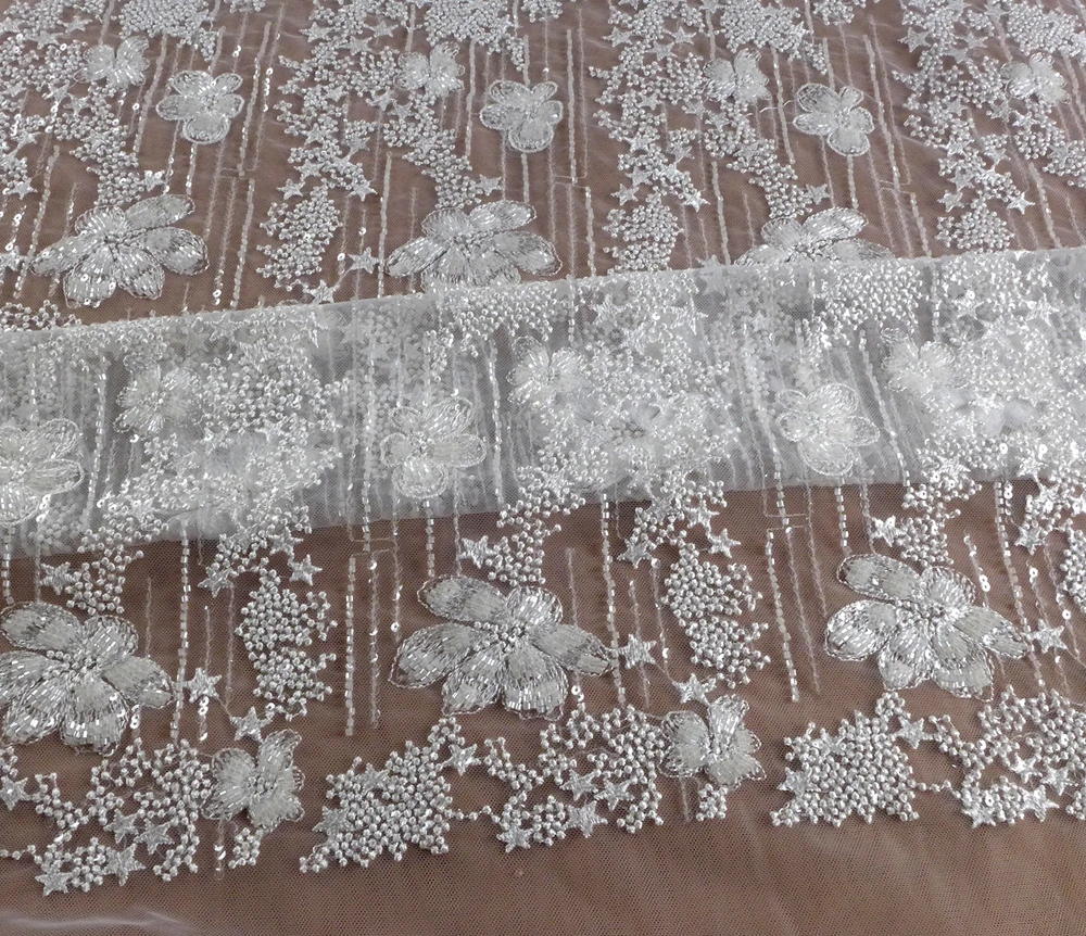HelluyerDc Off white beaded lace fabric,Flowers,points,stars embroidery  for evening,wedding prom dress,Bridal veil easy to cut