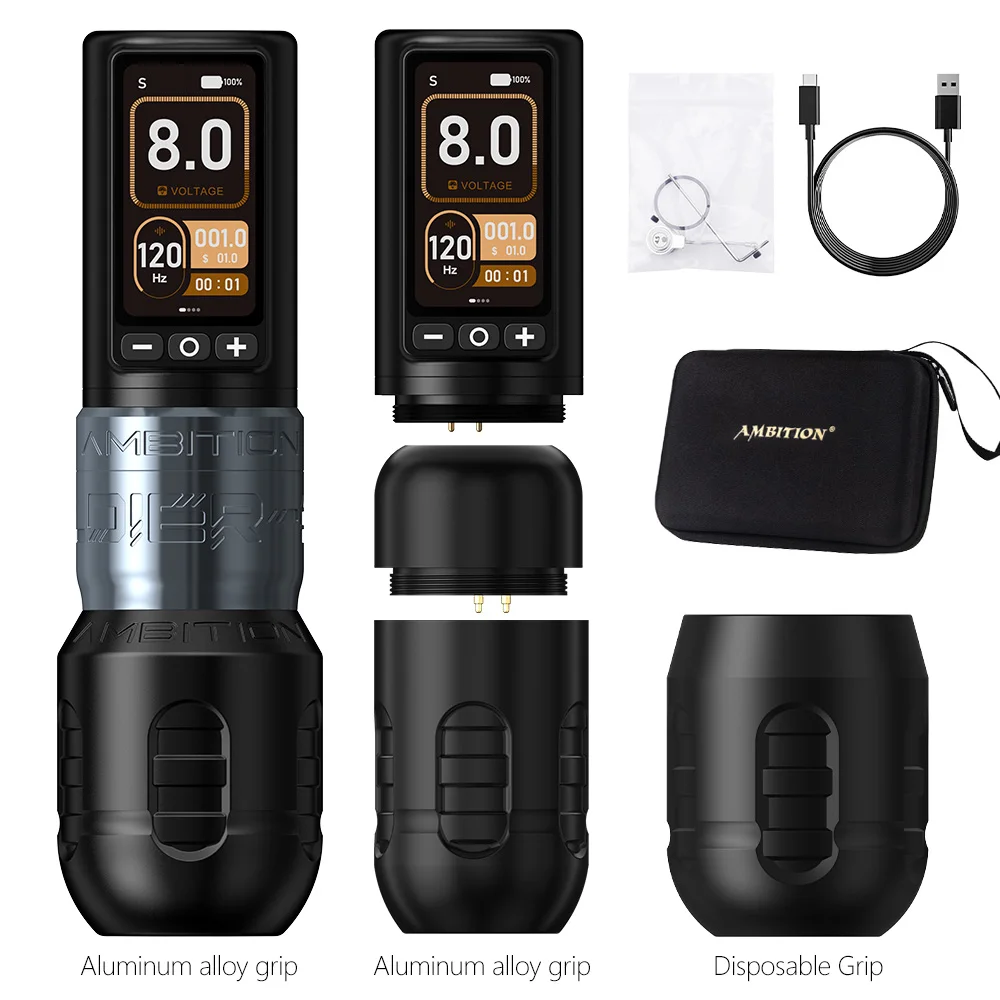 Ambitie Soldaat 270 Draadloze Tattoo Machine 4.0mm + 4.5mm Slag Borstelloze Motor Pen Professionele 2400mAh Batterij grip 34 + 42mm