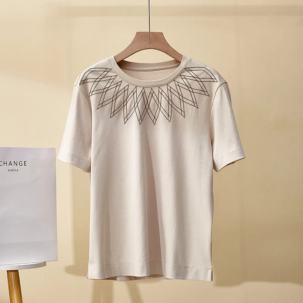 

Women's Summer New Heavy Industry Beads Fashion All-match Cotton Short-sleeved T-shirt