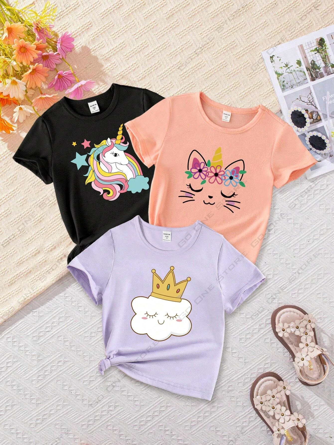 

3-Piece Cotton Girls' T-shirt Top Summer Home Outfit Sisters Cute Girls' T-shirt Kawaii Short Sleeve T shirt Unicorn Cloud Cat