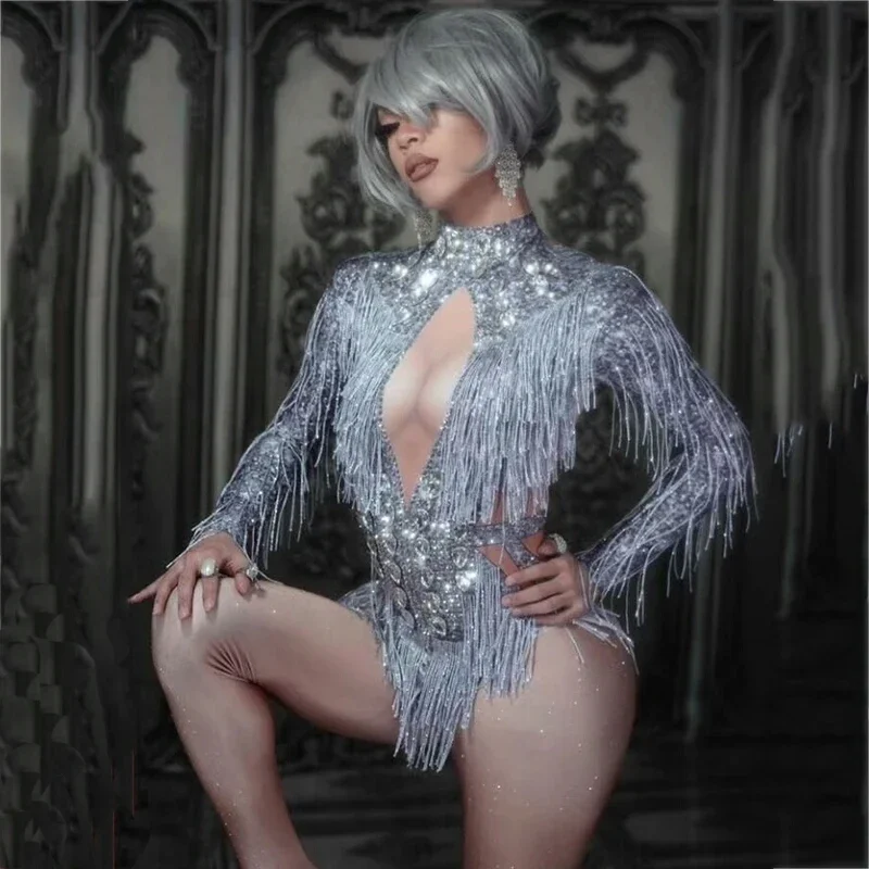 Świecący dżetów frędzle kombinezon kostium taneczny duże kryształy body body z frędzlami Party Stage Wear pokaz taneczny Sexy strój — zdjęcie 2