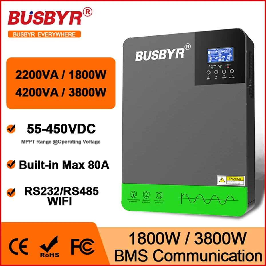 BUSBYR Hybrid Solar Inverter 3.2KW 2KVA 12V 24V Battery Charger 230VAC Max PV 400V With 80A MPPT Charger Inverter 3200W 2000W