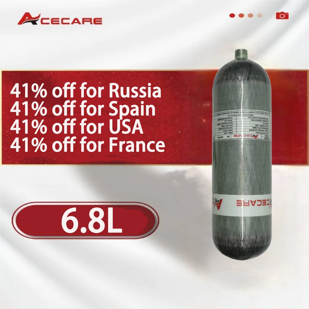 Acecare 6.8L Carbon Fiber Tank Diving Cylinder 30Mpa 300Bar 4500Psi High Pressure HPA Air Bottle M18*1.5 For Scba