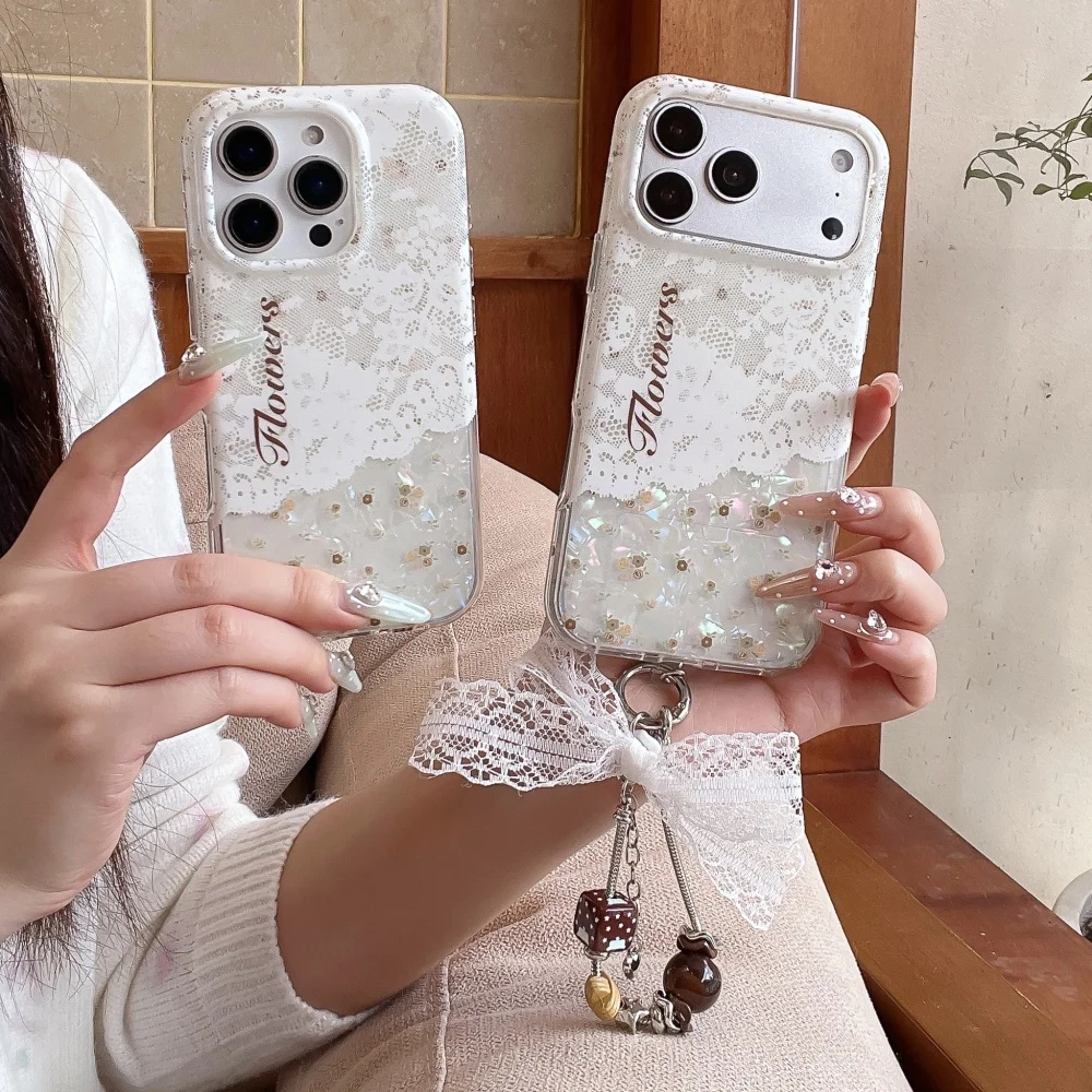 New Korean Ins White Lace Shell Pattern Phone Case for iPhone 18 17 Pro 15 16 17 18 Pro Max, with Charm Fashion Shockproof Cover