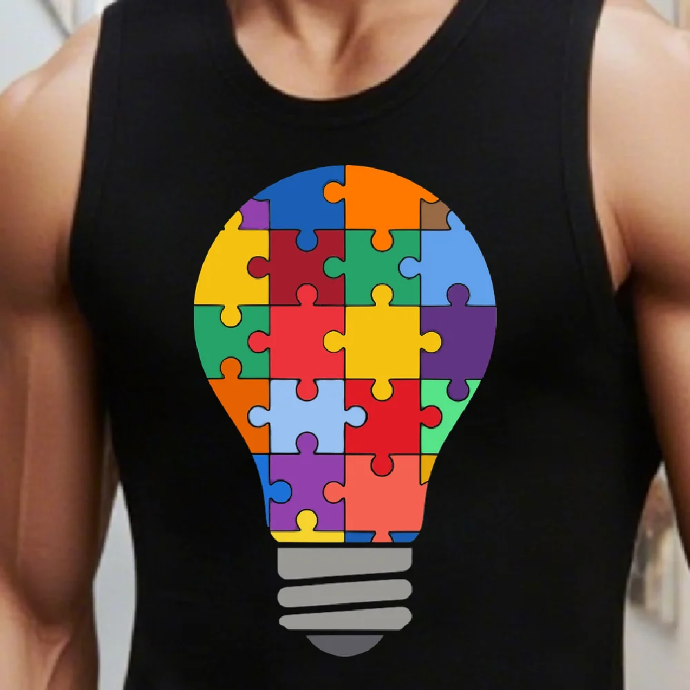 

Летние майки с графическим рисунком, мужская футболка для спортзала с лампочкой и принтом-головоломкой, прочная рубашка без рукавов, яркий жилет, майка для тренировок