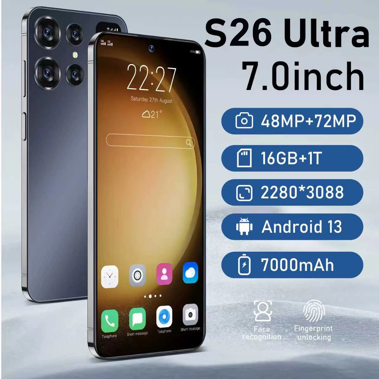 2025 nouveau Smartphone S26 Ultra Version mondiale Snapdragon8 Gen2 16G 1T 7000mAh 48 + 72MP 4G/5G téléphone portable Android double SIM débloqué