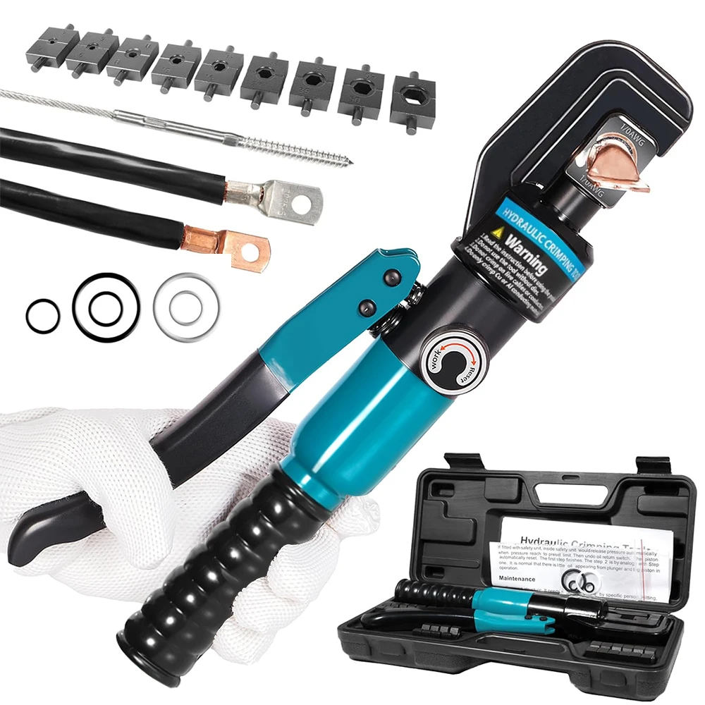 Ręczne narzędzie hydrauliczne do zaciskania kabli o przekroju od 4 mm² do 70 mm², narzędzie hydrauliczne do zaciskania kabli wraz z 9 zestawami matryc do zaciskania przewodów.