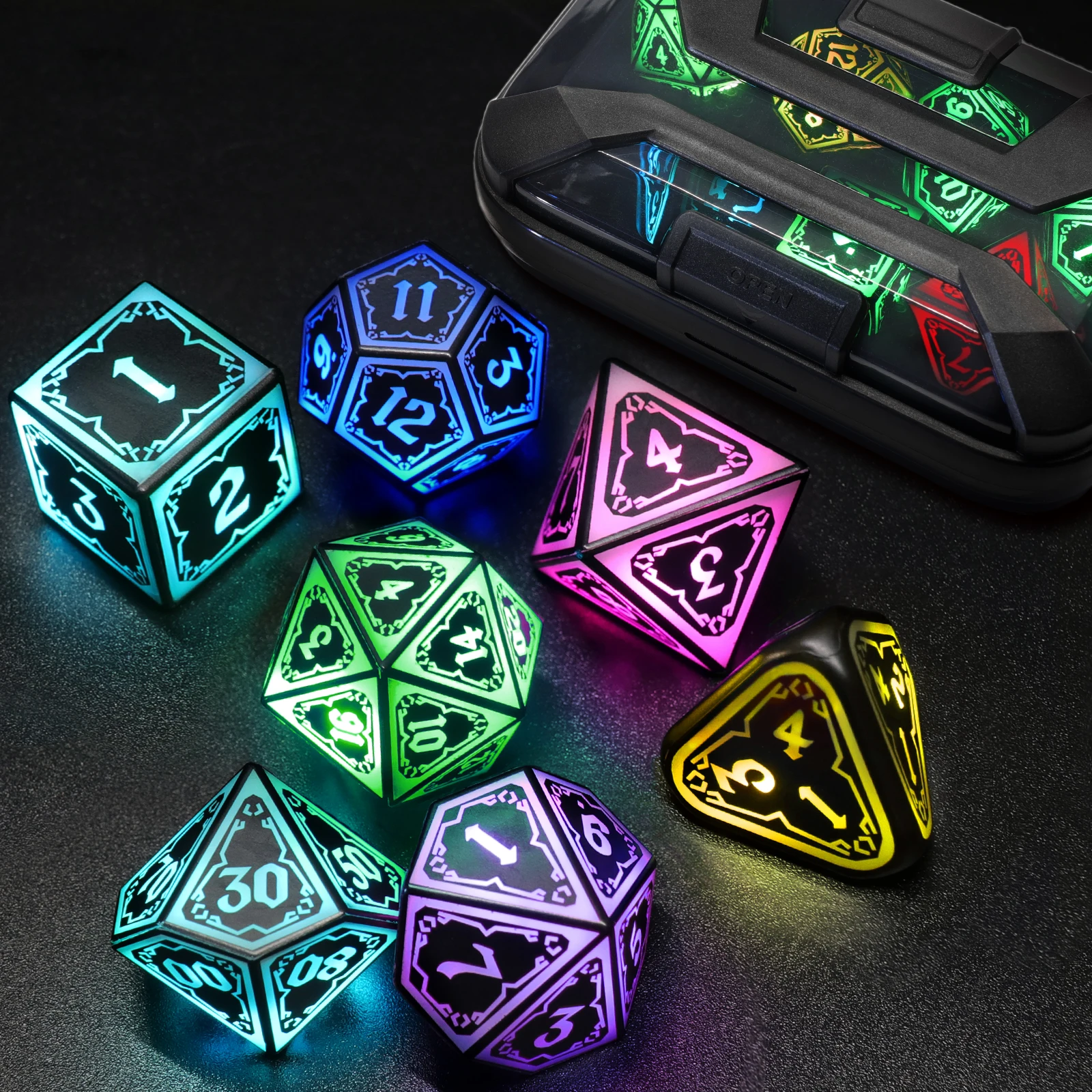 LED Dice Set with Charging Case - 7-Color Illuminated Dice for Tabletop Role-Playing Game