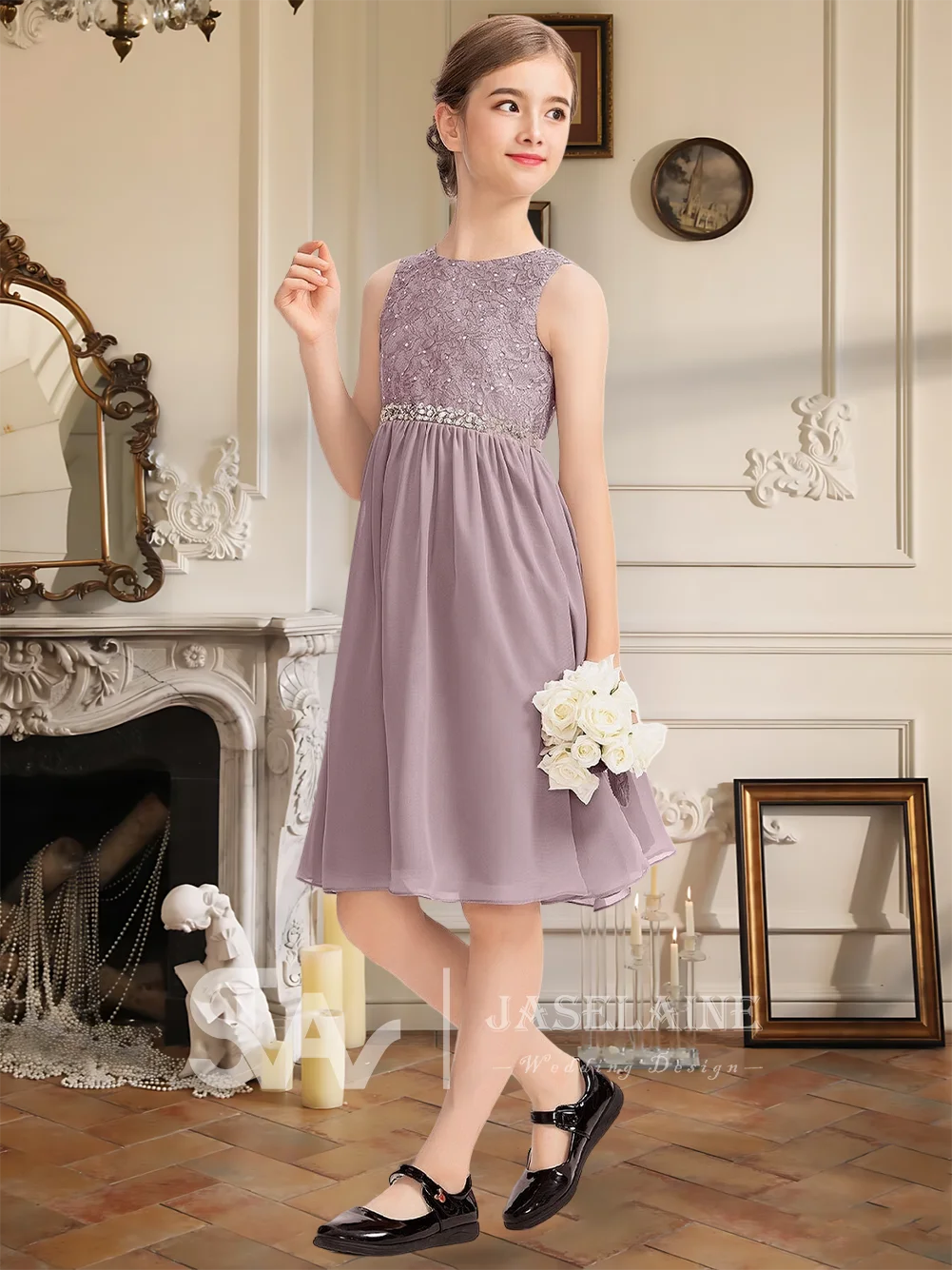 Elegant Junior Bridesmaid Dress Chiffon Lace Beading Scoop Flower Girl Dress With Bow Knee-Length A Line Wedding Party Gowns