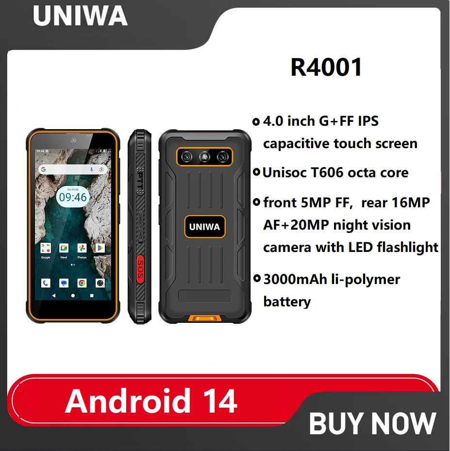 UNIWA R4001สมาร์ทโฟนที่ทนทาน 4G Android 14 Octa Core 4GRAM + 64GROM 4.0 นิ้วโทรศัพท์มือถือ 3000MAh 16MP NFCโทรศัพท์มือถือ