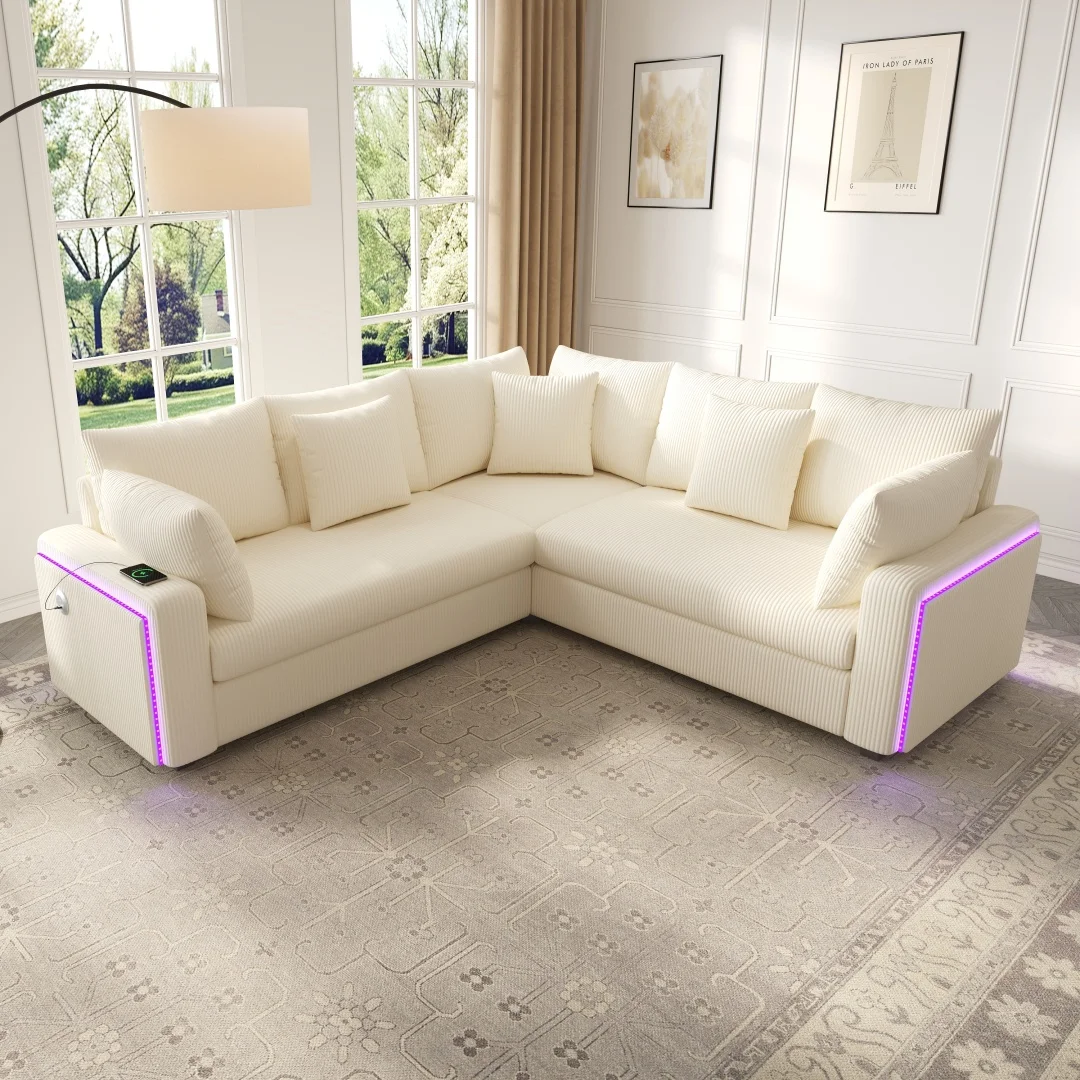 Sofá esquinero en forma de L con iluminación ambiental LED ­ Iluminación, puerto de carga USB y cable flexible, incluye almohadillas a juego – moderno