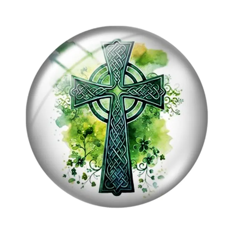Celtic Cross Clovers Watercolor 10pcs 12mm/16mm/18mm/25mm Round Photo Glass Cabochon Demo Flat Back Making findings