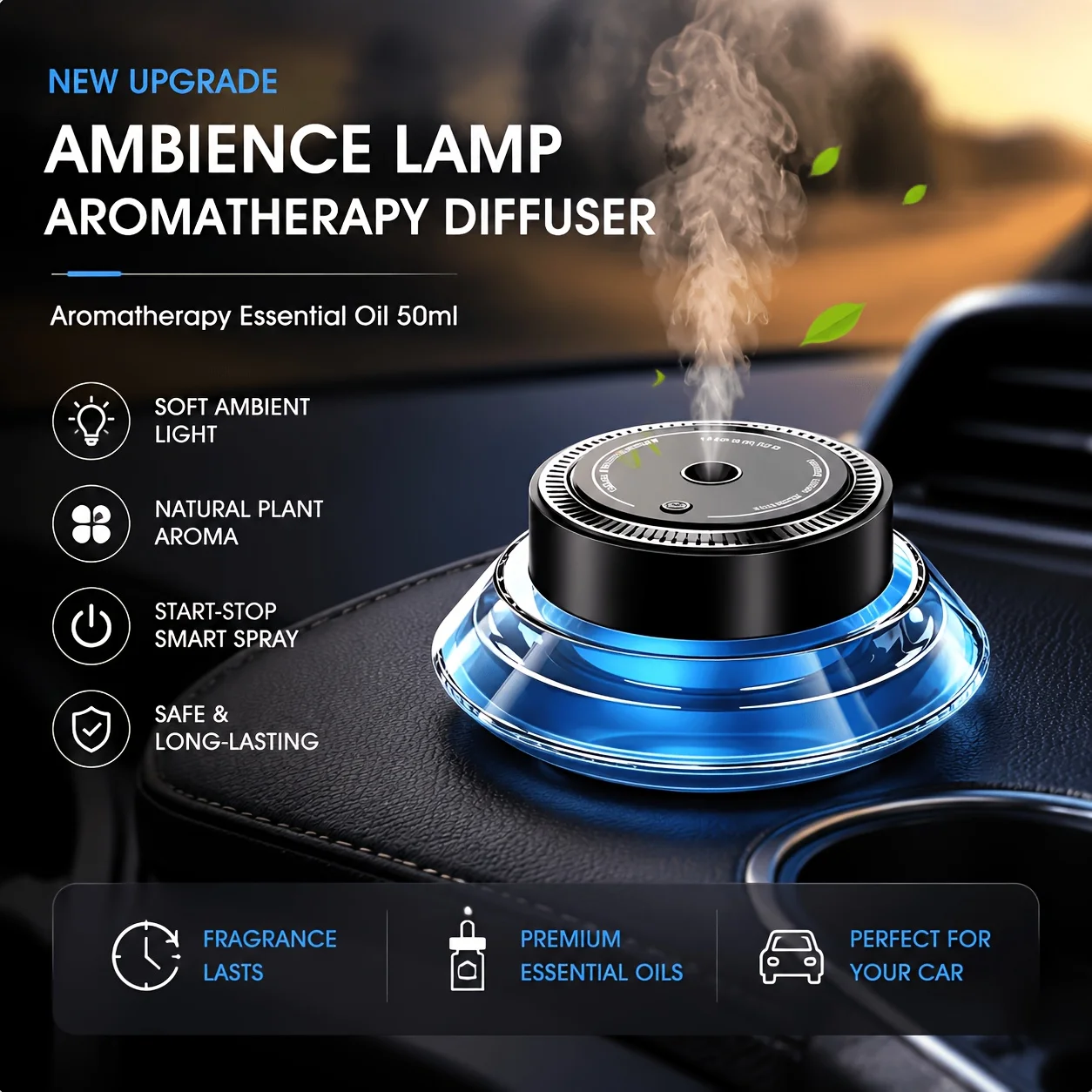 Mart USB Car Fragrance Diffuser, Auto On Off Aroma Air Freshener with Refillable Liquid Container, Portable Mini Scent Machine for Vehicle & Desk Home Use