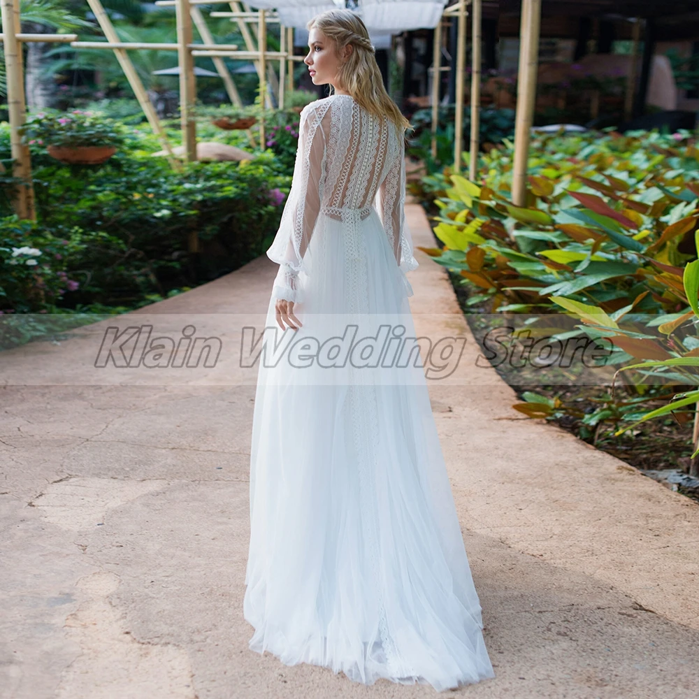 Customized Weilinsha Latest A-Line Floor Length Bohemian Wedding Dress Ladies Bodice Jewel Neck Lace Long Sleeves Bridal Custom