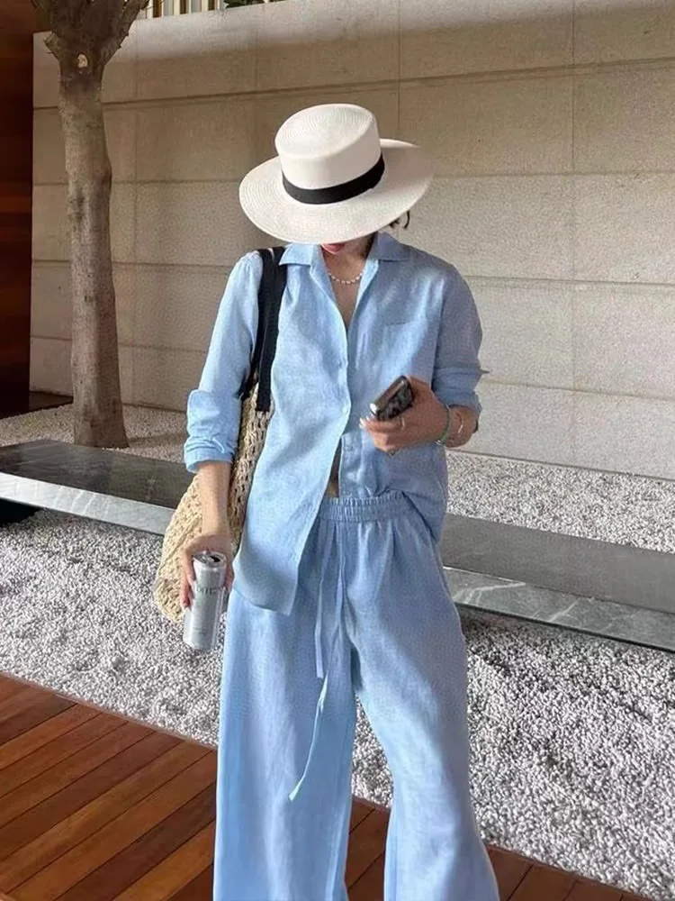 ชุดสูทกางเกงผ้าลินินสีพื้นเรียบหรูสำหรับผู้หญิงช่วงต้นฤดูใบไม้ร่วง