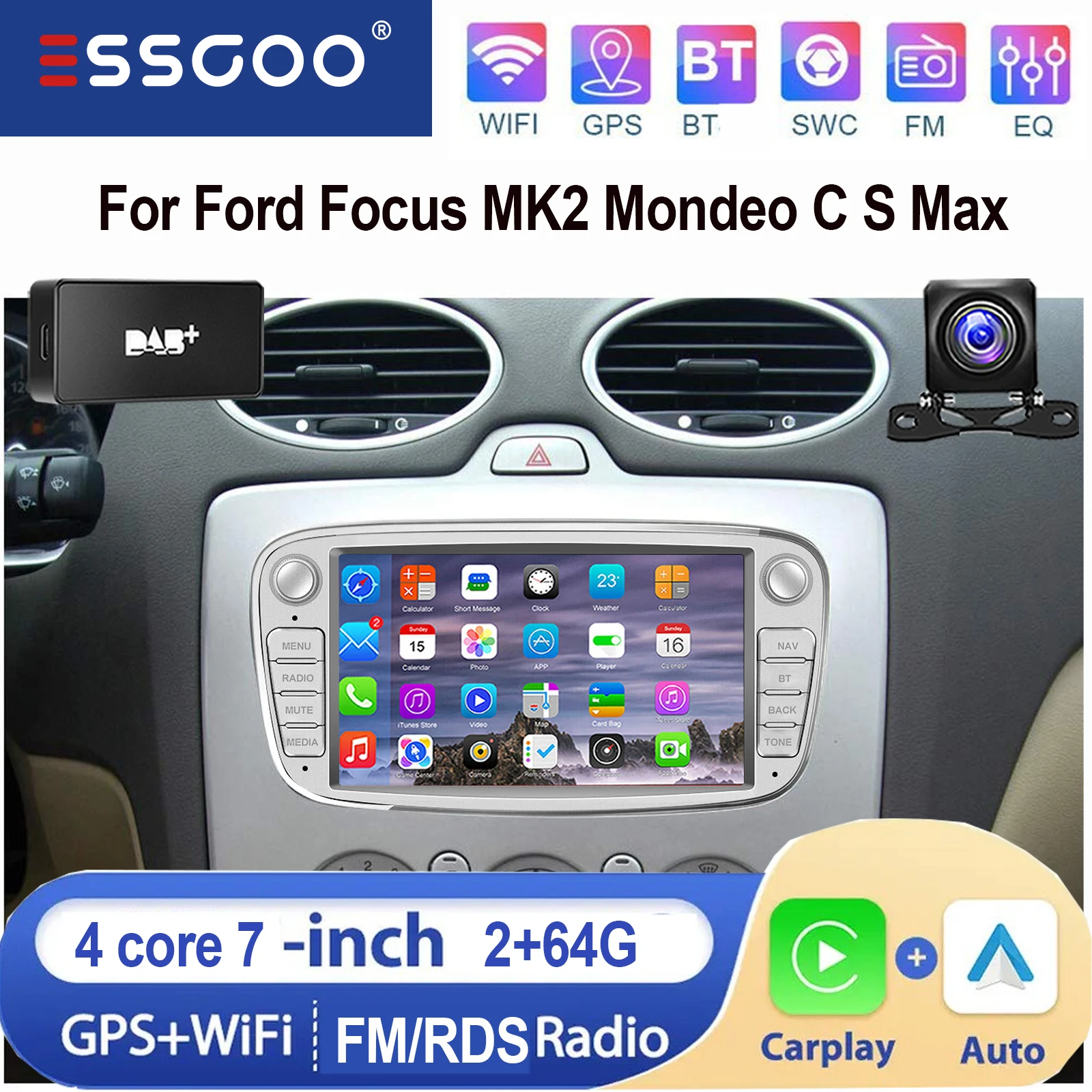 ESSGOO AI-bediening Android 15 7 inch IPS touchscreen display Draadloos Carplay Android auto Voor Ford Focus MK2 Mondeo C S Max Autoradio GPS-navigatie WiFi SWC Bluetooth USB Mirror link ASP Geluid