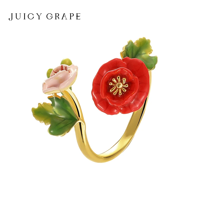 

JUICY GRAPE Red Enamel Flower Ring for Women French Luxury Adjustable Ring 18K Gold Wedding Party Fine Jewelry Christmas Gift