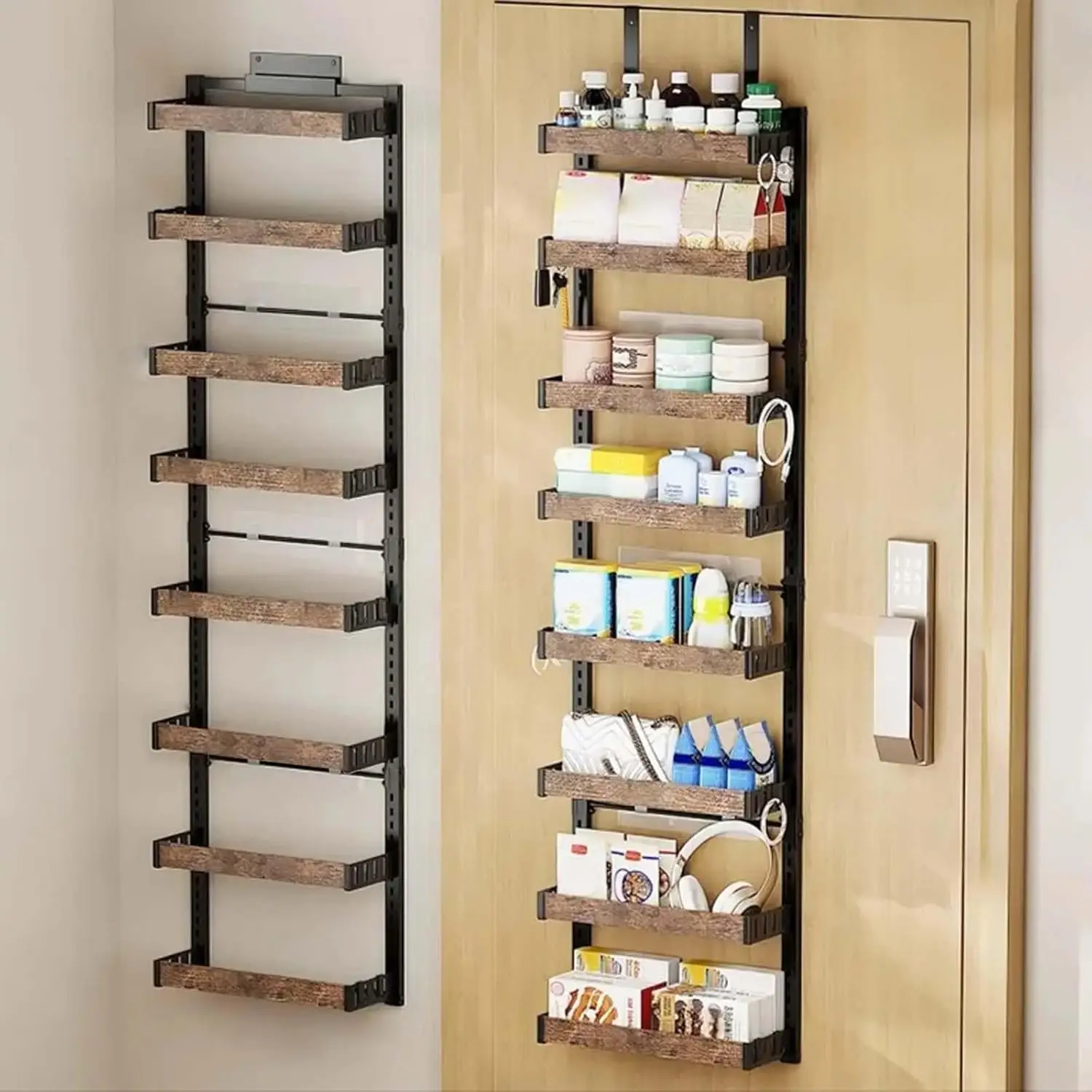 Scaffale a 8 ripiani da appendere alla porta, organizer da parete per dispensa, cestelli regolabili, senza necessità di fori, in acciaio al carbonio, per armadietti da cucina, guardaroba e bagno,