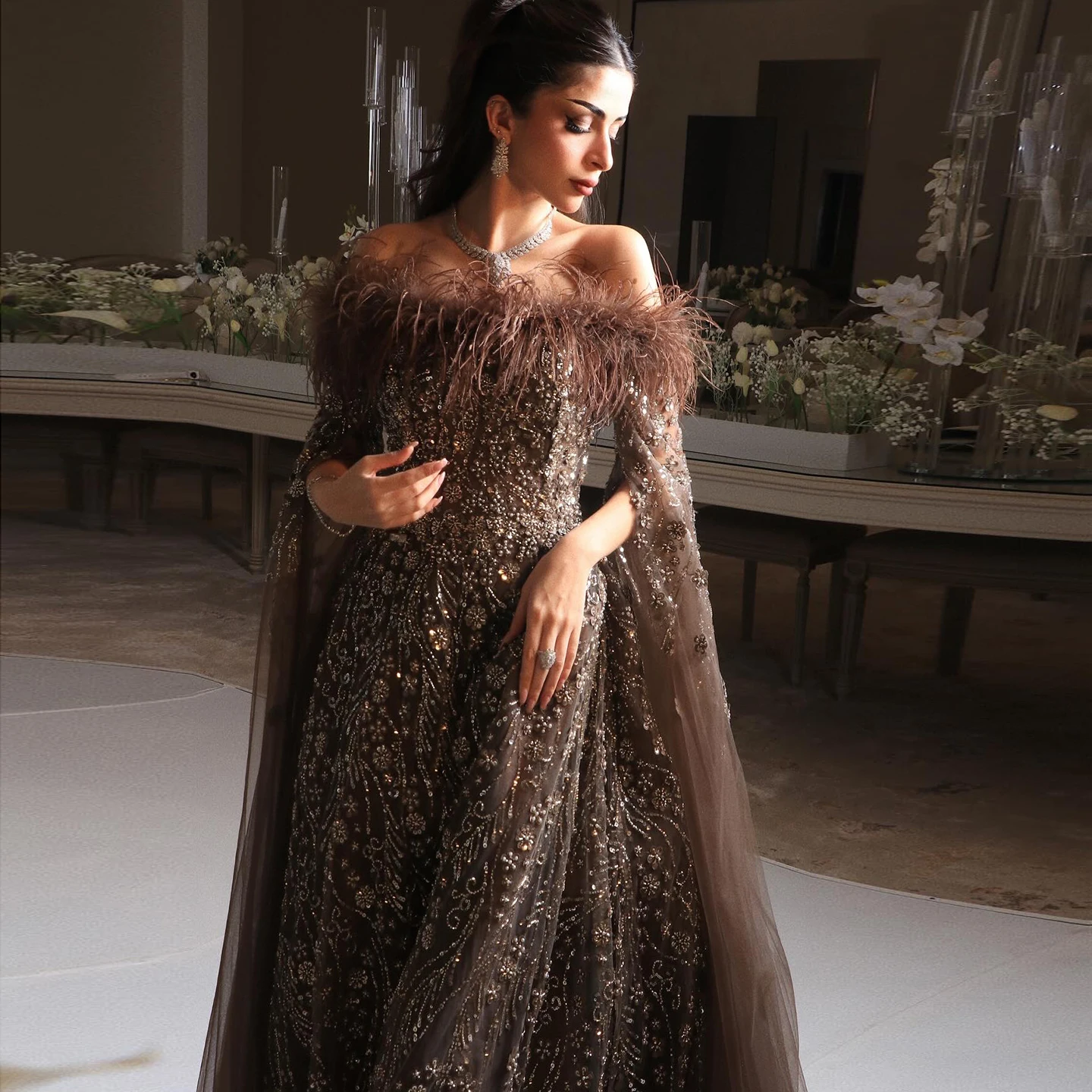 

Sharon Said Elegant Off Shoulder Feathers Brown Evening Dress with Cape Sleeves Navy Blue Wedding Party Gowns SS707 Customized