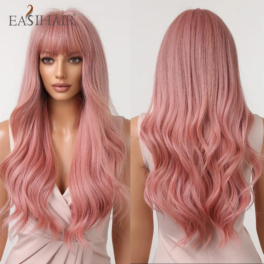 

EASIHAIR Long Wavy Pink Wigs with Bangs Synthetic Colorful Hair Wigs for Women Cosplay Lolita Party Natural Heat Resistant Fiber