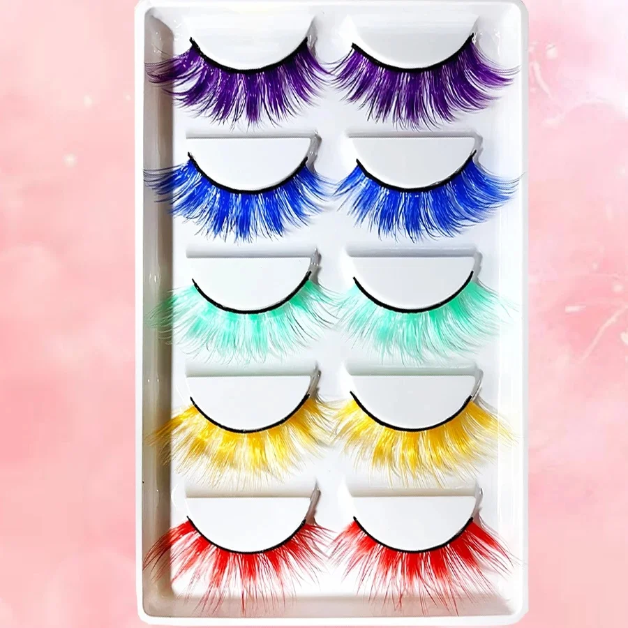 5 paires de faux cils 3D mélangés de couleurs, cils de maquillage de scène naturels épais et doux D-roll, cils exagérés