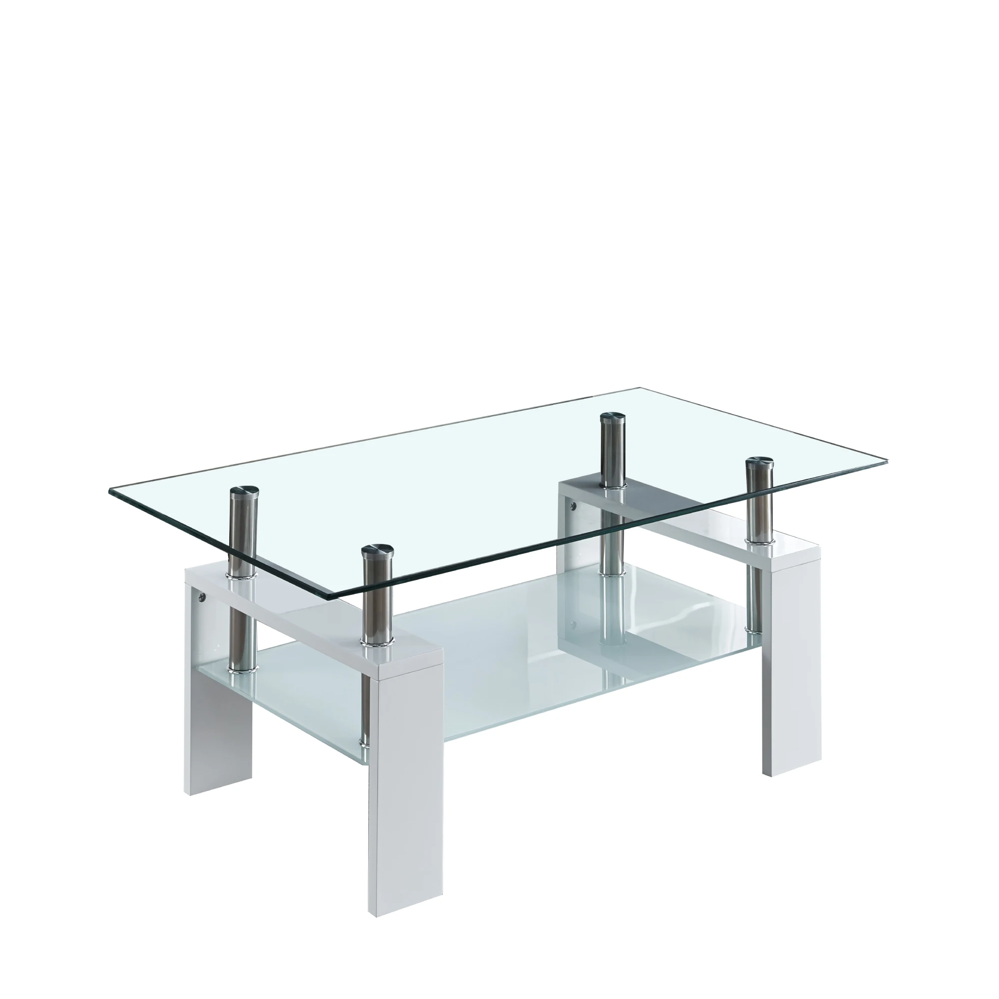 Artisan Center Coffee Table 2-Layer Tempered Glass Top Stainless Steel Legs for Living Room 37