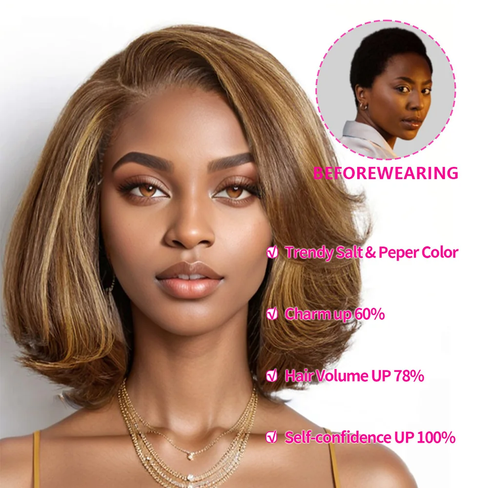 Toffee Brown Mixed Blonde Bob Wig Layered Cut glue-free Human Hair 5x5 Closed HD Lace Bob wig Cut side part Short Bob wig