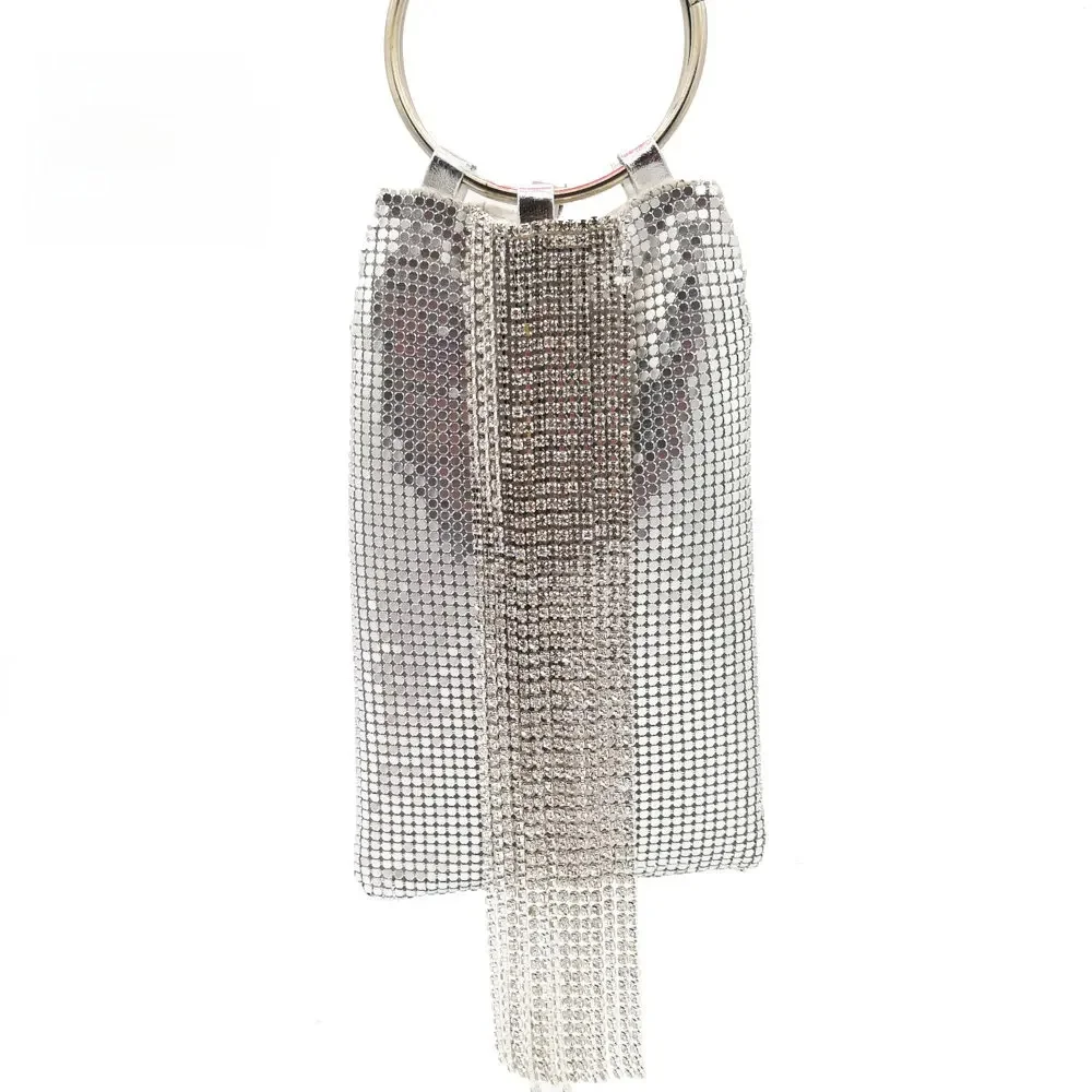Boutique De FGG olśniewająca srebrna kryształowa kopertówka torebka z frędzlami damska aluminiowa torebka wieczorowa imprezowa, koktajlowa opaska na nadgarstek torebka z kopertówką — zdjęcie 2