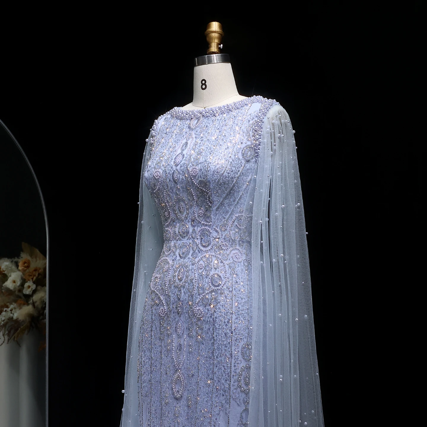 Sharon Said Luxuriöses Champagner-Abendkleid mit Cape-Ärmeln, Pailletten und Perlen, für formelle Anlässe und Partys, SS668, maßgeschneidert – Detail 18
