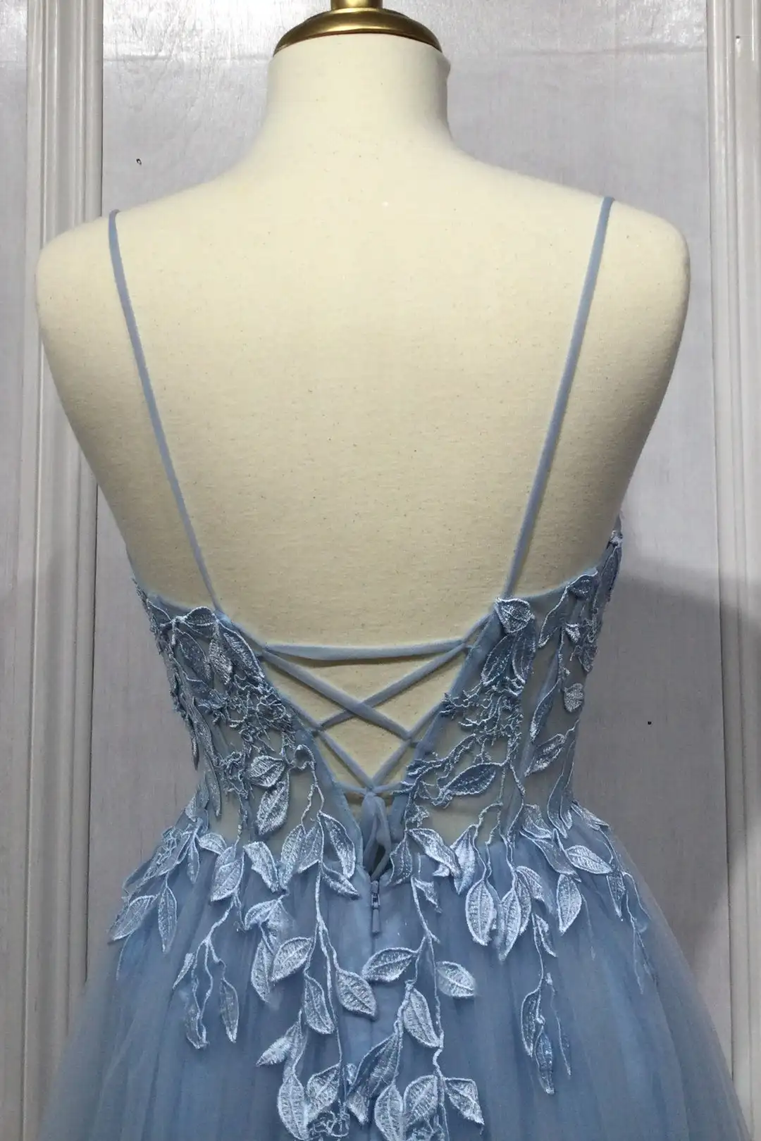 Baby blau A-Linie Vestidos de Novia Spaghetti träger Abschluss ball Kleid Flora 2024 süße Tüll Korsett Spitze Applikationen Embroid فساتين السفرة