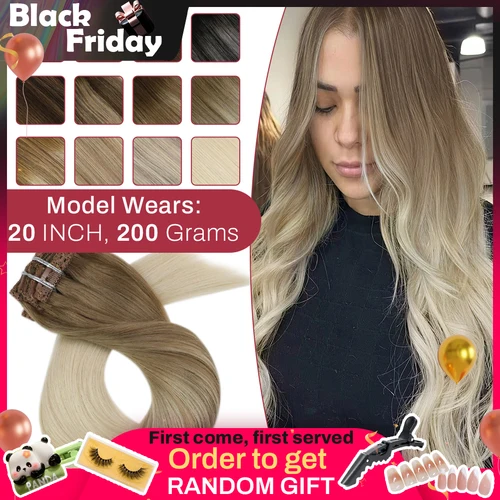 Extensiones de cabello con Clip Moresoo, 100% cabello humano Remy Real, extensión de cabello liso sedoso brasileño, extensión de cabello rubio Balayage