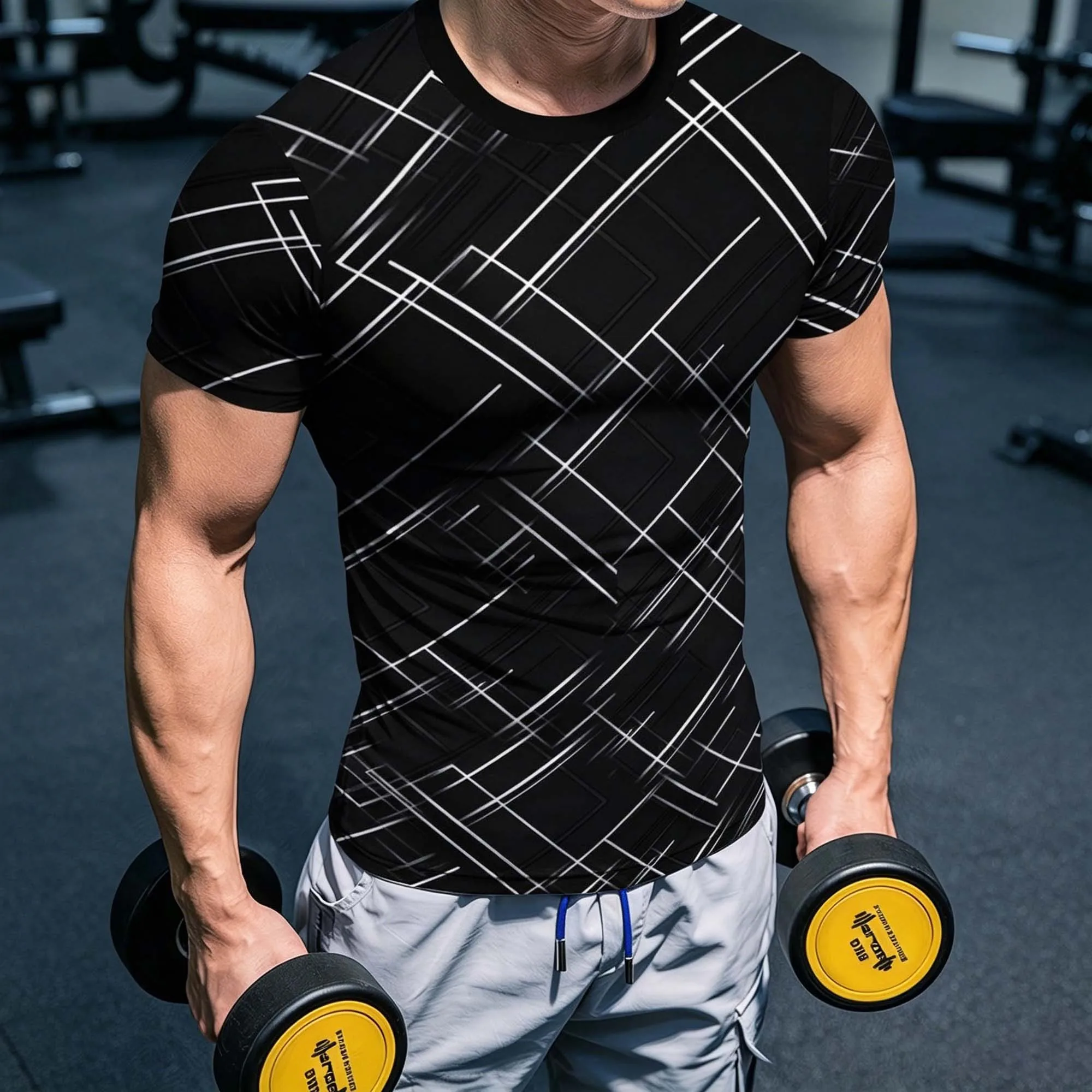 Herren Schnelltrocknendes T-Shirt Schwarz-Weiß Kreuzlinien-Print Slim Fit Elastisch Kurzarm Fitness Laufen Gewichtheben Athletik Workout Oberteil