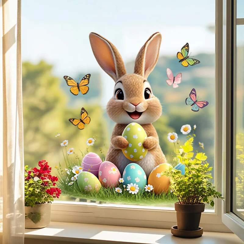1Pc Charming and Cheerful Easter Bunny and Butterfly Wall Sticker, Self-Adhesive Pvc Home Decor DIY Sticker, Suitable for Study Room, Cabinet, Living Room, Bedroom, Dining Room, Bathroom, Entryway, Doors and Windows, and Wall Decals, Easily Create a Warm and Fun Space, a Creative and Thoughtful Gift for Family, Friends, and Loved Ones