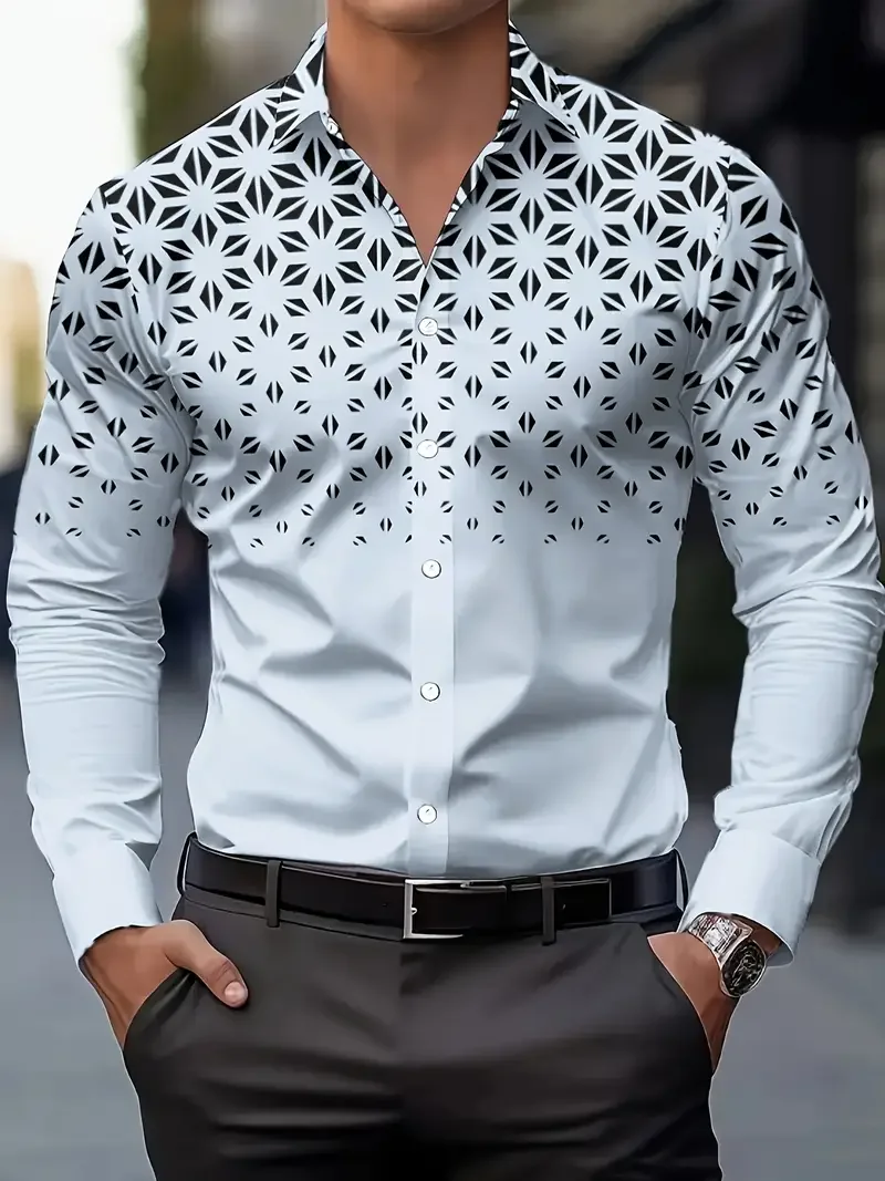 New men's casual shirt featuring simple and fashionable geometric patterns, long-sleeved shirt for men, business shirt in large