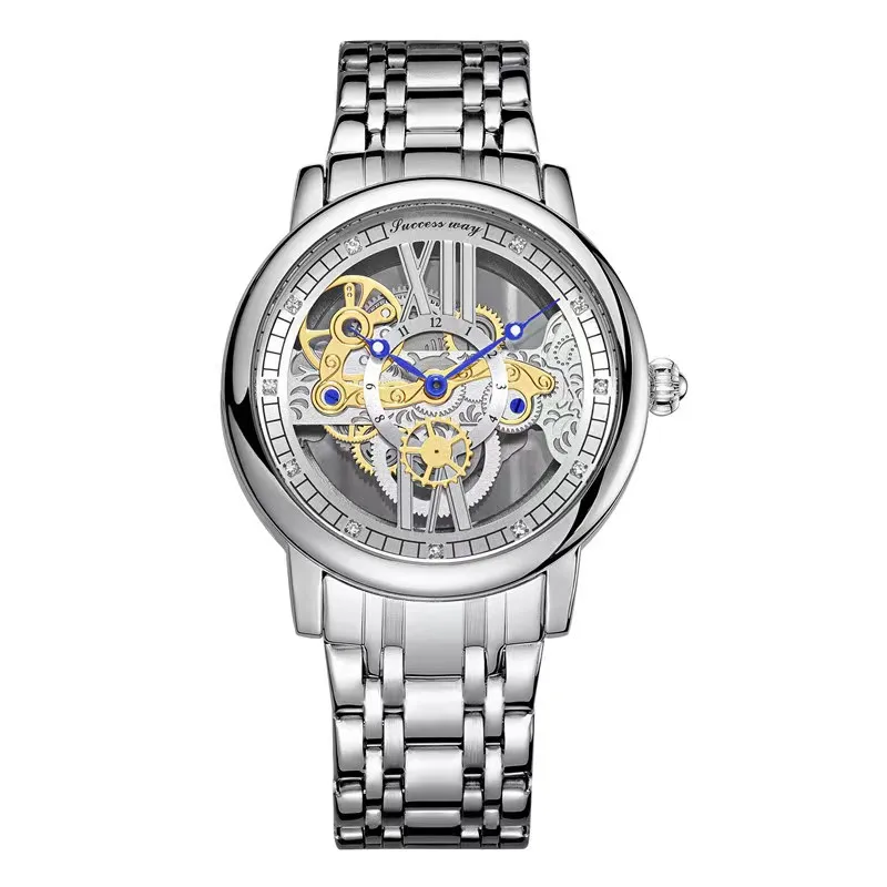 2023 Luxury Skeleton Automatic Mens Watch Golden Bridge Dial Carved Waterproof Watches Steel Strap New Gift