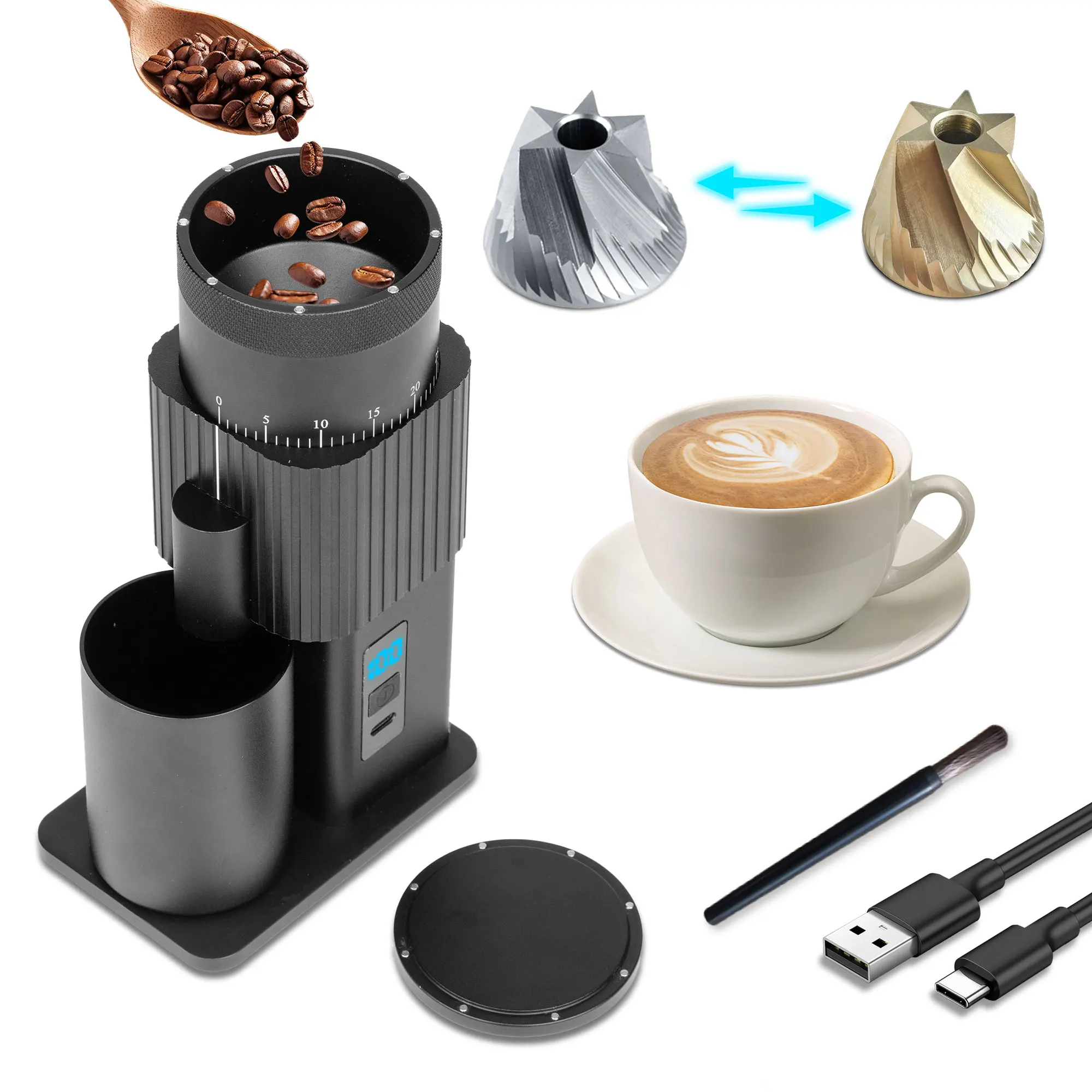 

Портативная электрическая кофемолка со сменными заусенцами | USB-C кофемолка в подарок для любителей праздников, Рождества и кофе