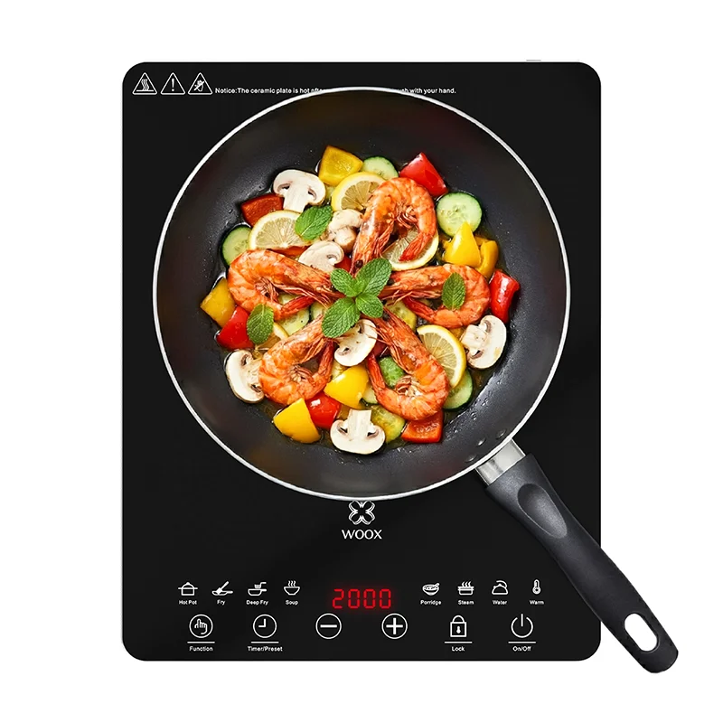 Woox Mx0237 Plaque de cuisson à induction 2000W avec 8 programmes automatiques : Friture, Ébullition, Fondue, Soupe, Cuisson à la vapeur et Maintien au chaud. Commande tactile de précision, minuterie 4H et programmateur 24H, surface en vitrocéramique anti-traces de doigts, cuisson rapide pour une