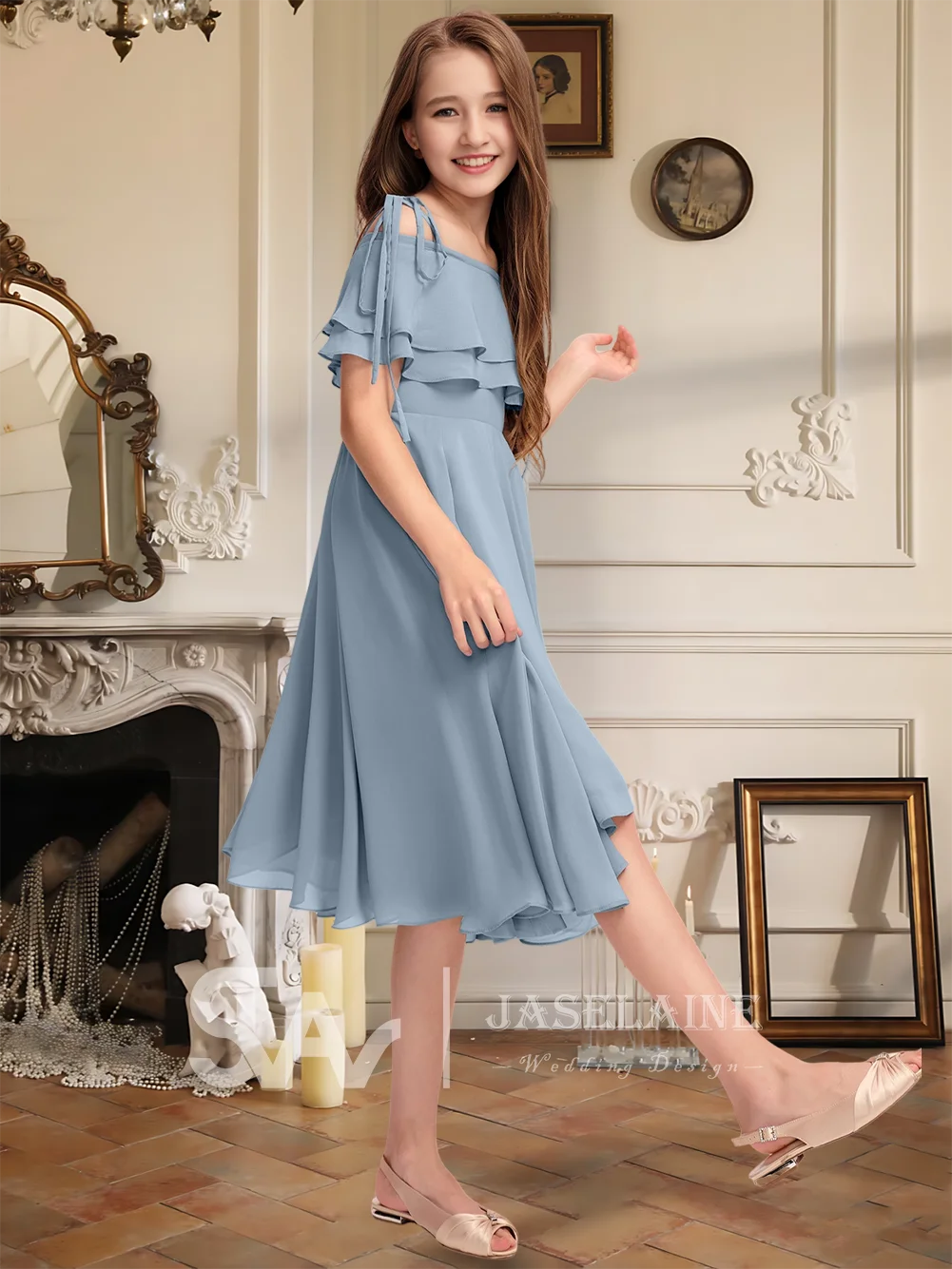 

A Kids Elegant A-Line Off The Shoulder Asymmetrical Chiffon Junior Bridesmaid Dress Flower Girl Dress Girls Party Wedding Formal