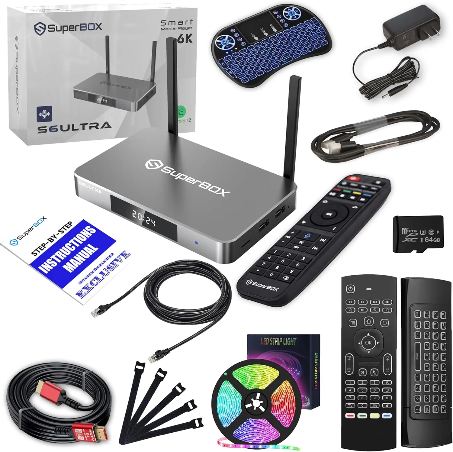 FRESH NEWEST S6 ULTRA Bundle TV Box:8K HDMI Cable,64GB TF Card,Backlit Keyboard,LED Strip Light,Ethernet BUY 20 GET 10 FREE