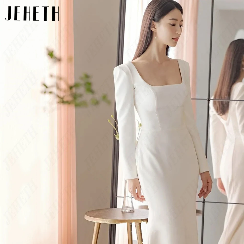 JEHETH Vestido de novia de cuello cuadrado de manga larga vestido de novia de marfil dama satén sirena fotografía de vestido de novia simple y elegante palabra a 웨딩드레스  Vestido de novia coreano personalizado sin espald