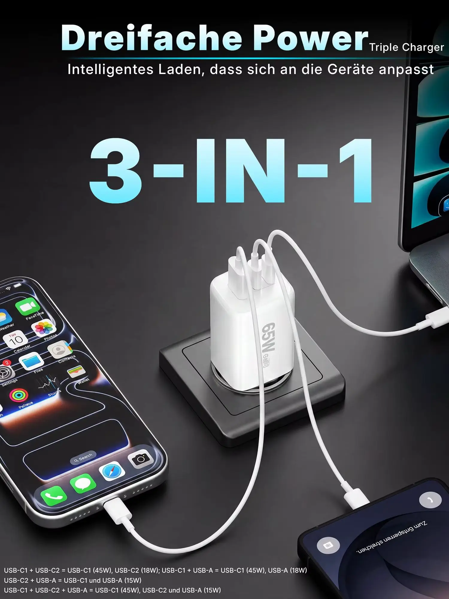 USB C Ladegerät 65W GaN Netzteil Schnellladegerät 3 Port Ladestecker mit Kabel für MacBook Laptop iPhone Samsung