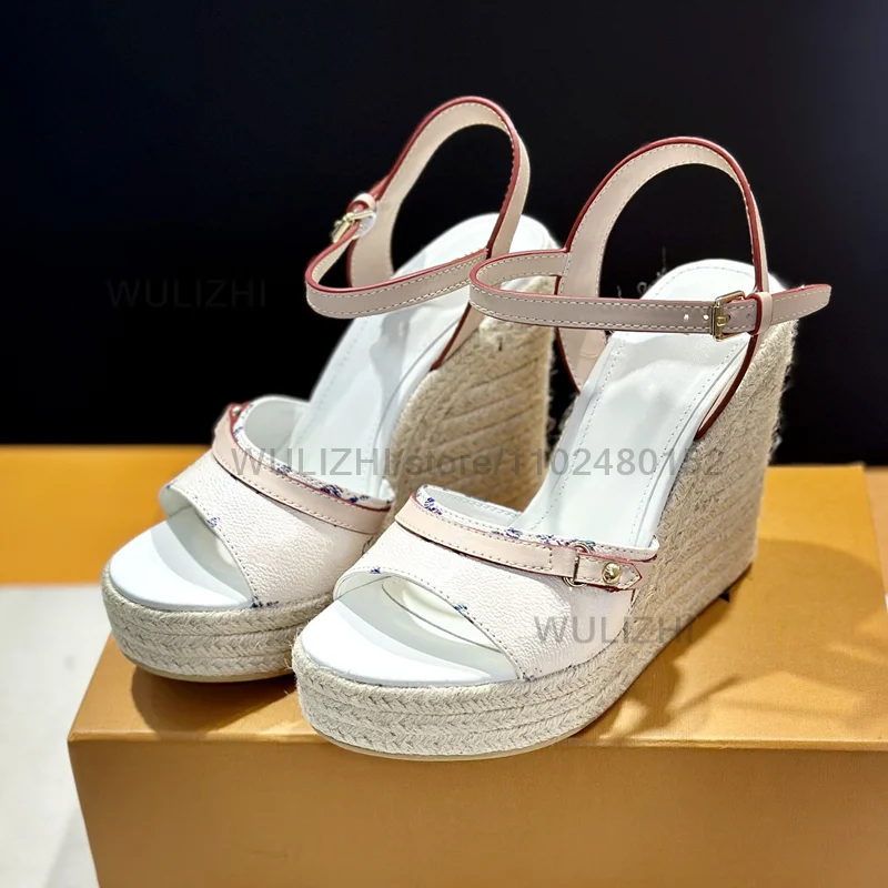 Grainy White Plaid Wedge Espadarille Platform Woman Open Sandals Pink Slingback Buckle Round Belt Buckle Beach Ethnic Girls Shoe