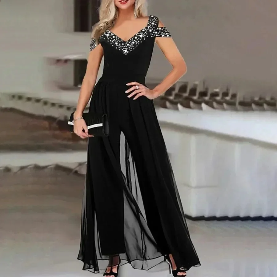 Elegancki damski kombinezon bez rękawów na wiosnę i lato 2026, dekolt w serek, casualowy patchworkowy romper, kombinezon biurowy, strój typu playsuit. — zdjęcie 2