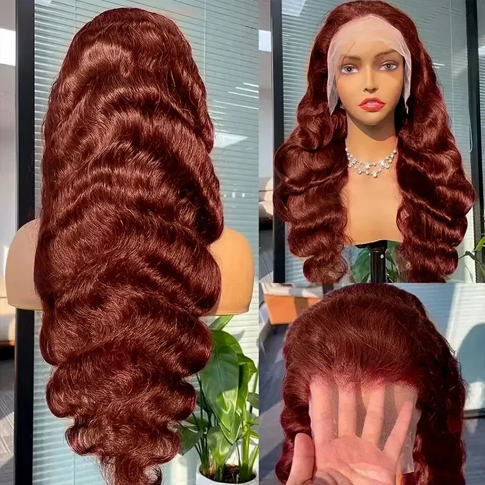 Reddish Brown Body Wave13x6 HD Lace Front Human Hair Wigs 30 Inch Brazilian 200% Water Wave13x4 Lace Frontal Red Colored Wig