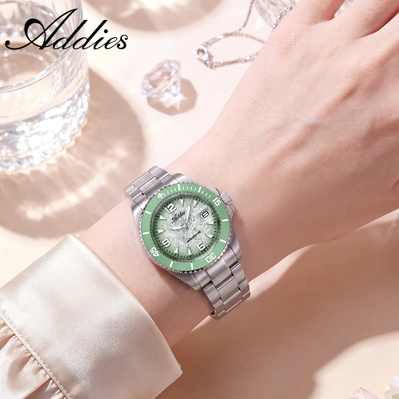 ADDIES Quartz Woman Watch 316L Stainless Steel 50M Waterproof BGW9 Super Luminous Ladies Wristwatch Ceramic Bezel Women Watches