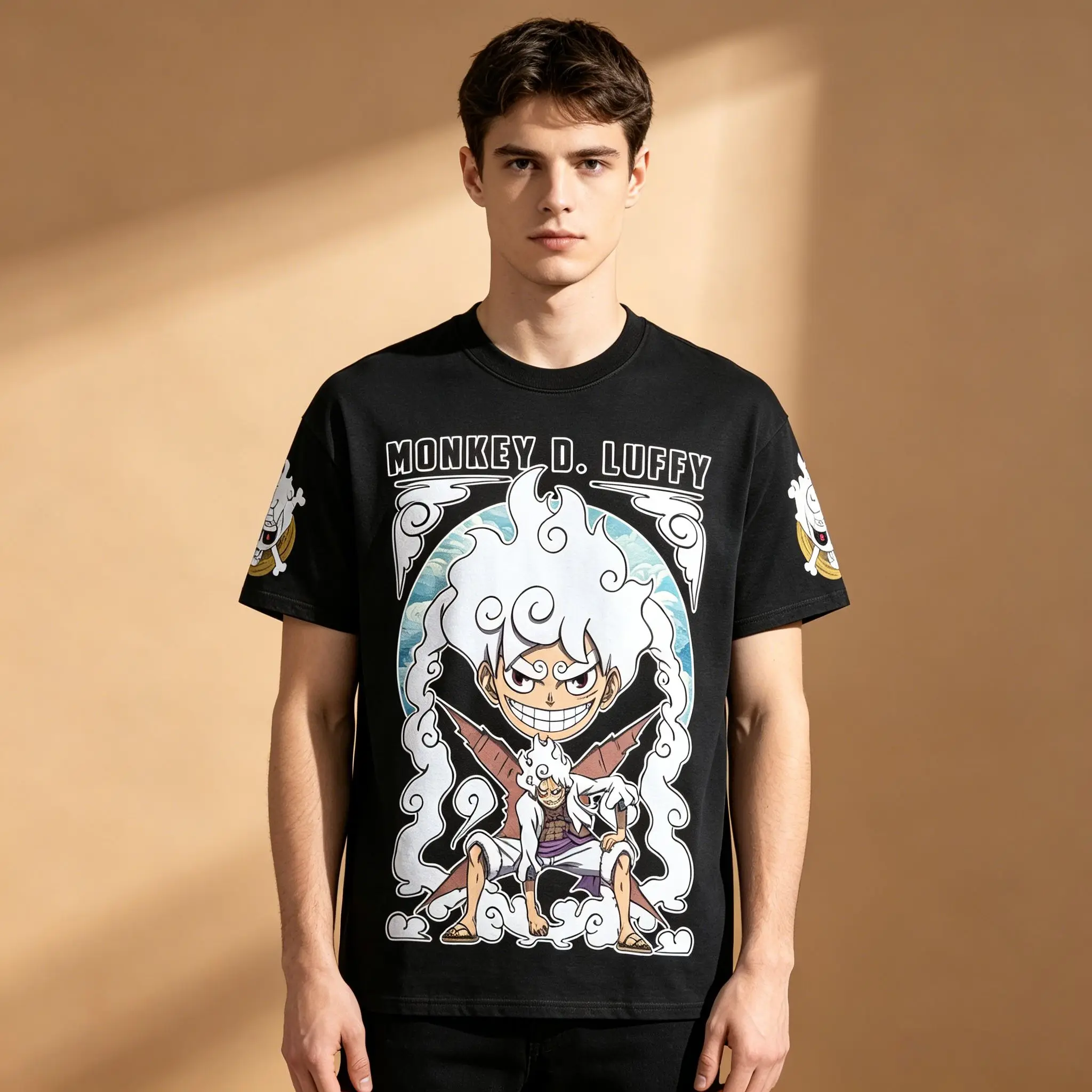 Herren One Piece Gear 5 Nika Luffy Doppelseitiges T-Shirt, Schwarzes Anime Monkey D Luffy Grafik Baumwoll-Kurzarmshirt